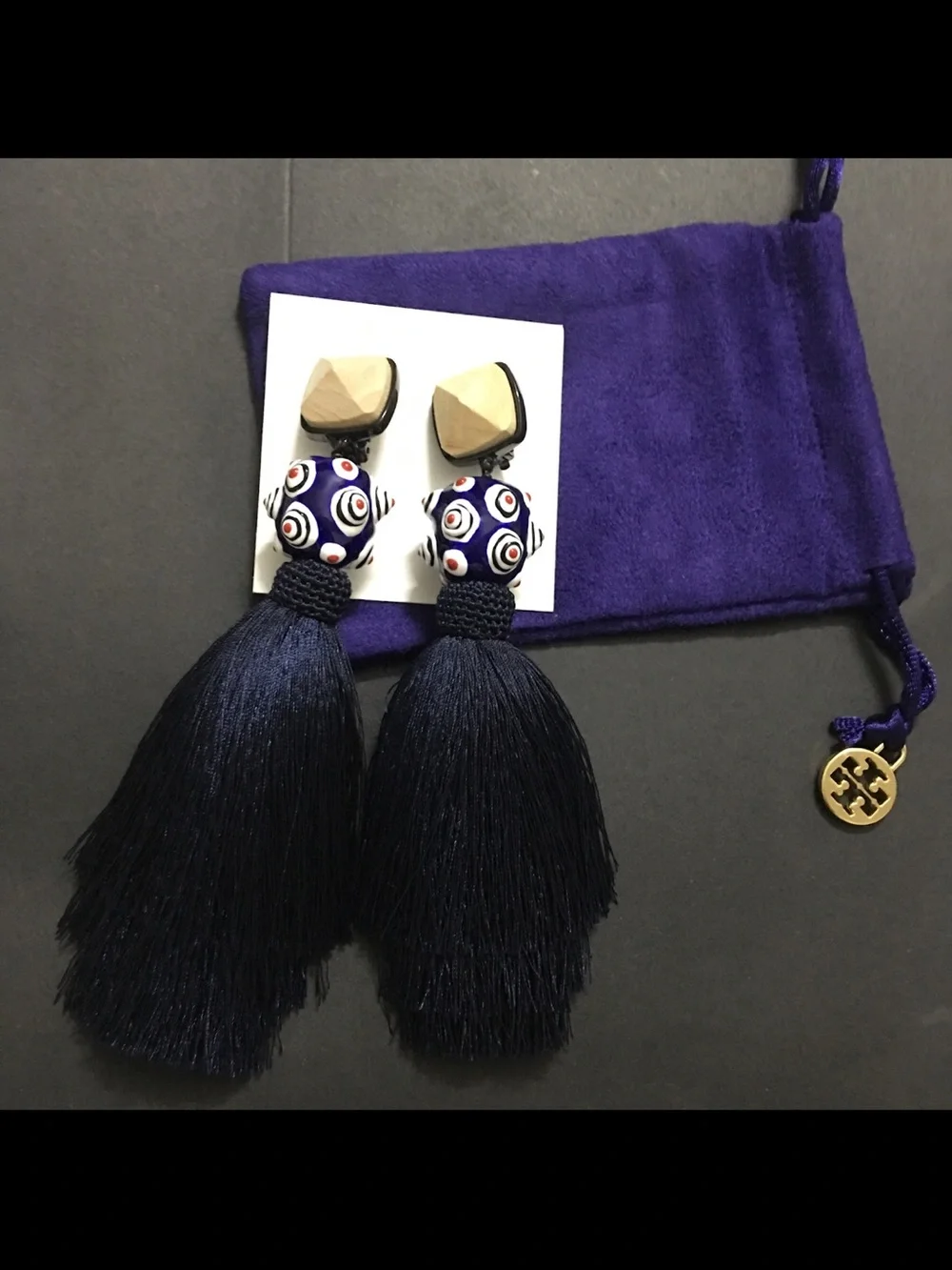Tory Burch Navy and Gold Tassel Drop Earrings with Patterned Bead